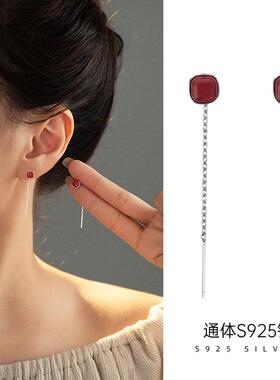 S925纯银安可拉红色方糖朱砂耳线女2025年高级感气质流苏节日礼物