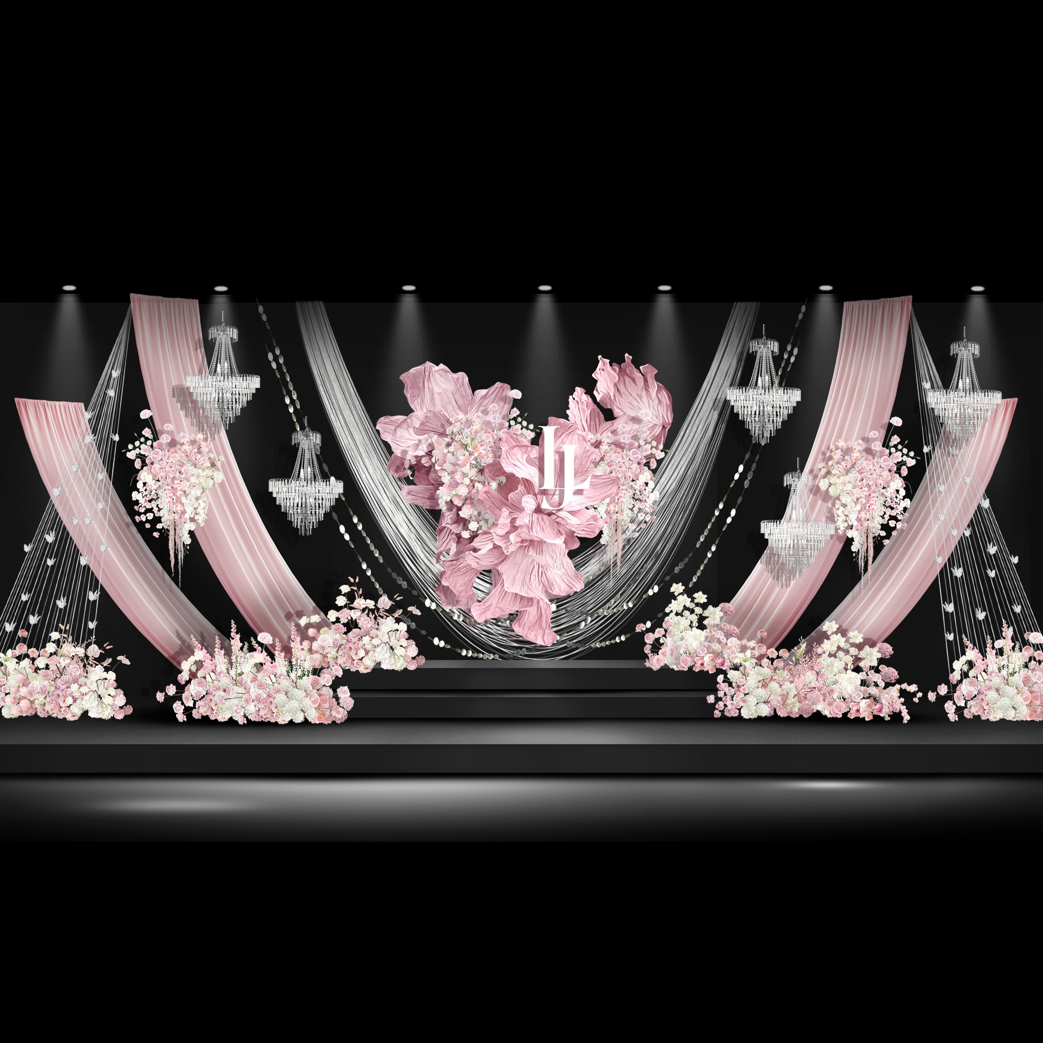 h699粉色韩式布幔婚礼效果图素材布幔亮片线帘韩式粉色水晶婚礼