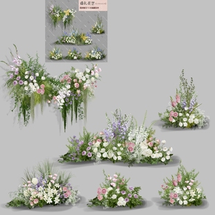 h366白绿紫色花艺婚礼效果图花艺素材野生感婚礼花门素材psd素材