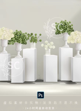 SC605婚礼效果图素材甜品柱白绿色花艺绣球花道具迎宾交接区PSD