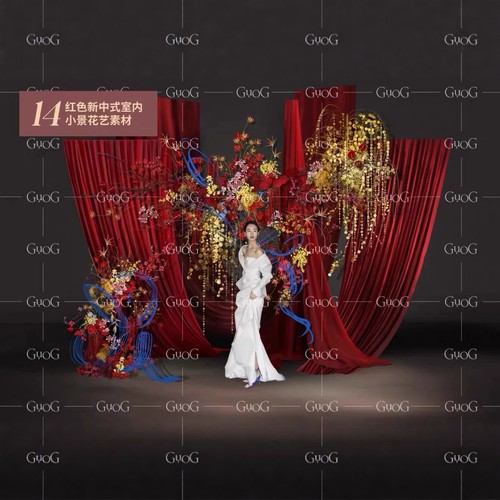 红色新中式婚礼效果图红蓝撞色花艺素材红色布幔素材 psd486