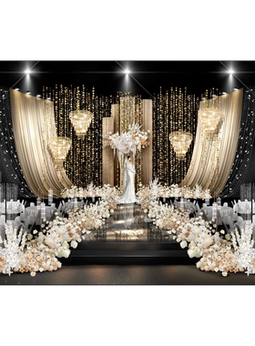 香槟色金色婚礼效果图老钱风婚礼舞台设计psd文件花艺亮片布幔
