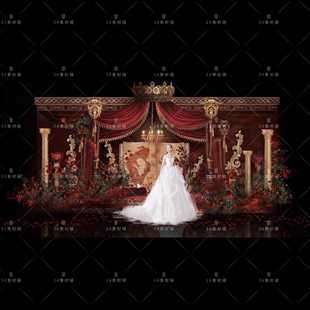红金色欧式婚礼红色剧院布幔舞台背景墙效果图psd分层素材