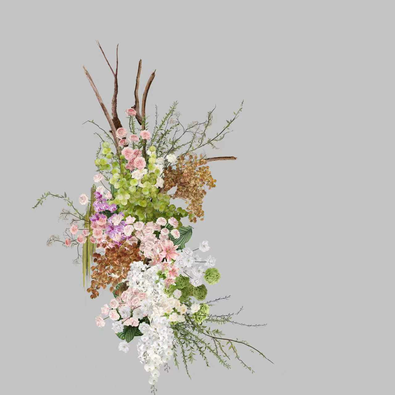 h519白绿粉色藤蔓枝桠婚礼花艺素材psd文件韩式布幔婚礼素材