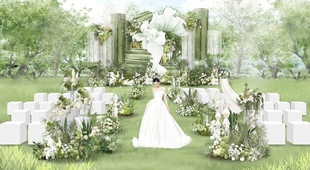 o361白绿色纸艺布幔户外婚礼效果图ps源文件线帘布幔纸花婚礼道具