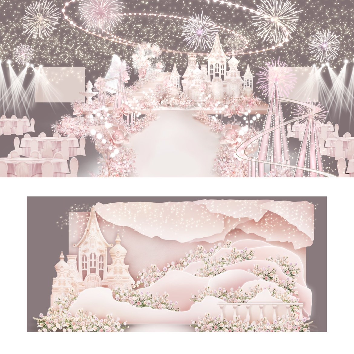 o202粉色梦幻城堡游乐园迪士尼婚礼效果图psd源文件梦幻烟花婚礼