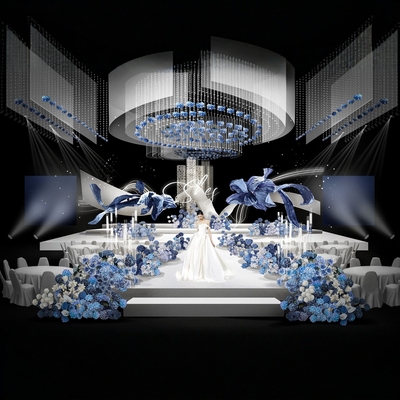 o368蓝色布幔水晶曲线婚礼效果图psd分层文件蓝色花艺素材婚礼