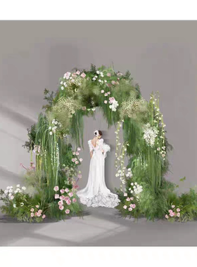 白绿色韩式婚礼拱门花艺设计舞台入口处婚礼花艺素材