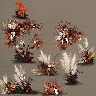 h464秋色黄绿色婚礼花艺美陈橱窗素材psd文件黄白红咖色婚礼花门