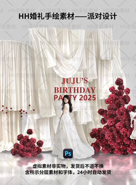 B22红白ins韩式简约生日答谢派对PS分层素材含字体可改