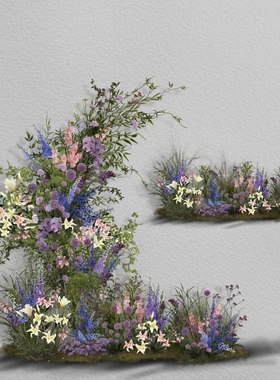 h487粉紫色蓝色野生感绿植婚礼花艺素材ps文件婚礼花门花拱门素材