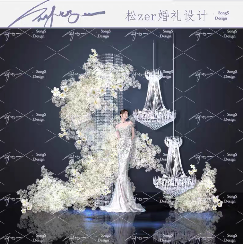小众婚礼素材满天星白色花艺水晶灯素材婚礼水晶灯造型素材手绘图