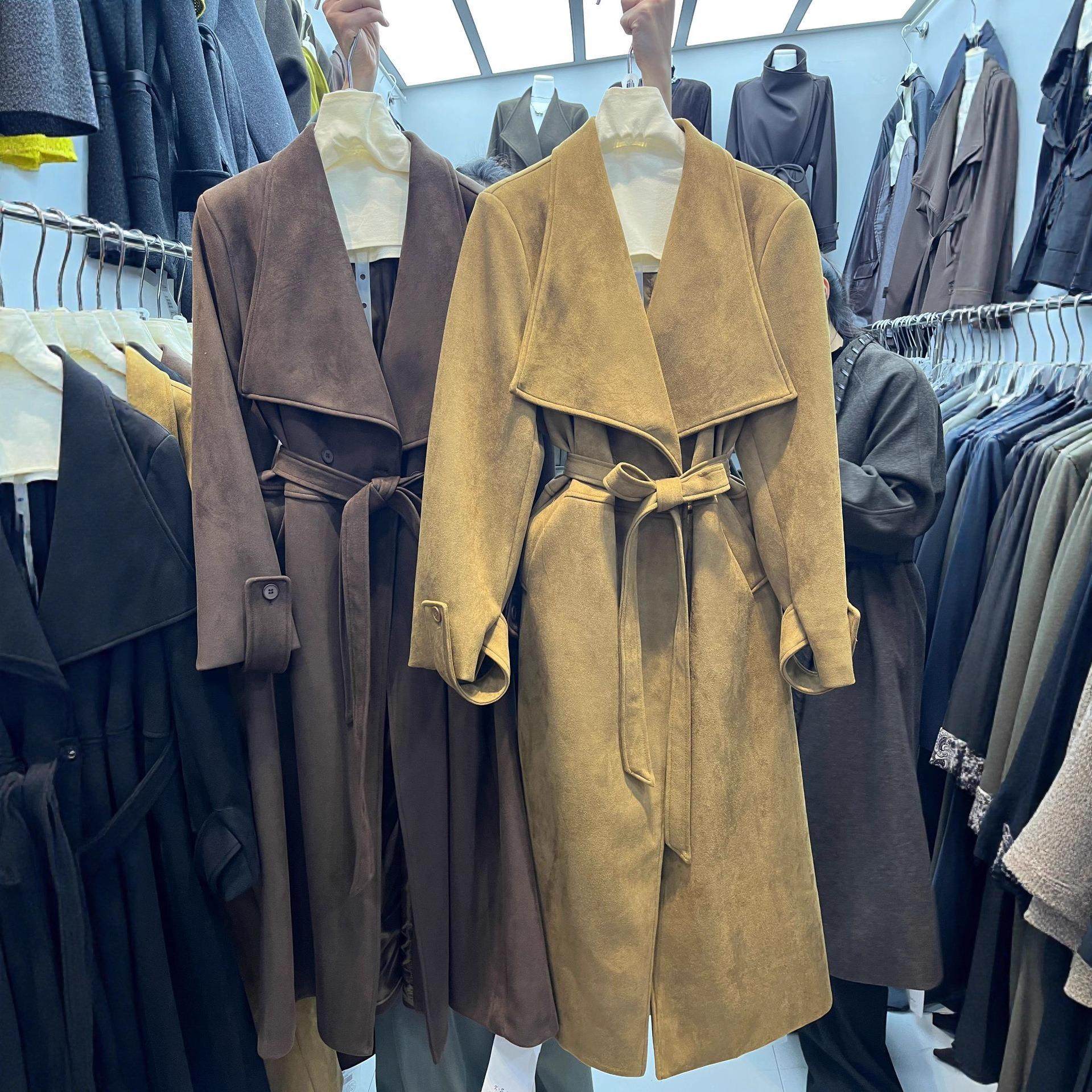 摩登女装2025秋冬新款韩版复古大翻领显瘦麂皮绒风衣秋季过膝长款