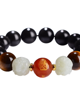 本命年属马手链黑曜石手串和田玉