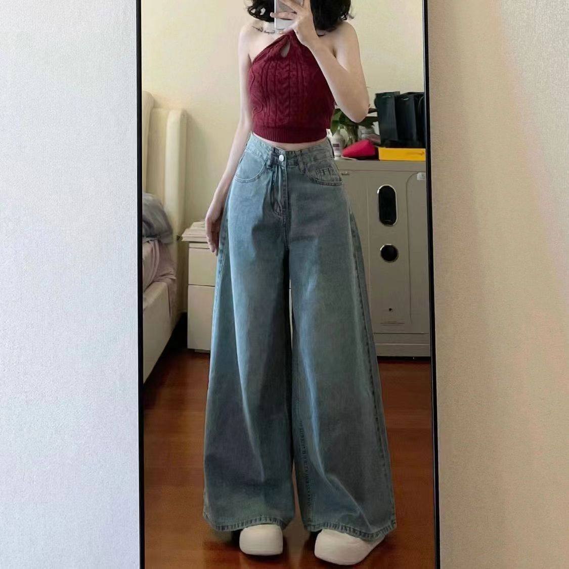 浅蓝色阔腿垂感牛仔裤女高腰摆腿设计感宽松显瘦简约小众拖地长裤