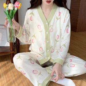 月子服纯棉纱布夏季薄款产后孕妇睡衣女春秋产妇8月份9哺乳家居服