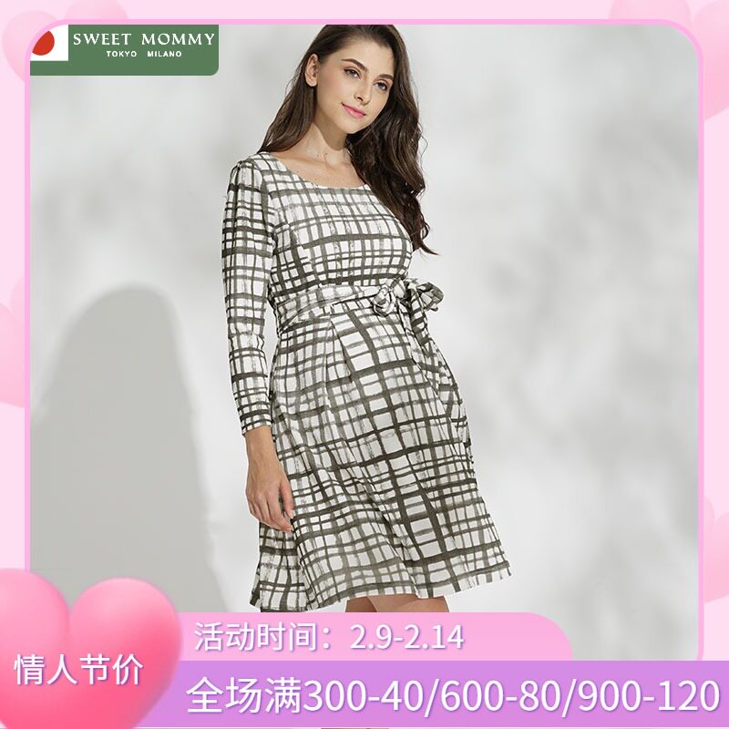 sweetmommy日本制孕妇连衣裙哺乳外出装长袖秋冬条纹显瘦潮妈集货
