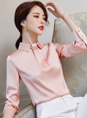 长袖缎面衬衫女春秋新款气质女神范OL职业衬衣时尚高级感粉色上衣