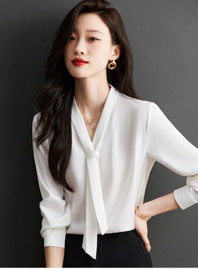 白色打底衬衫女高级感2025春秋新款白衬衣工作服职业缎面雪纺上衣