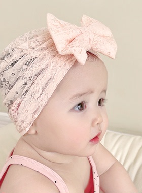 婴儿帽子夏季透气蕾丝蝴蝶结薄款女宝宝粉色印度帽新生儿胎帽囟门