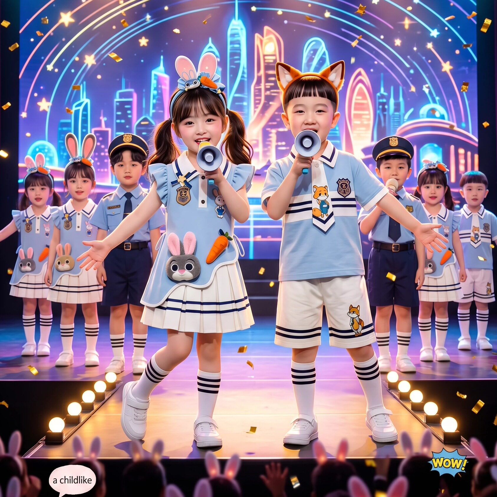 六一男女童学院风蓝卡通演出服