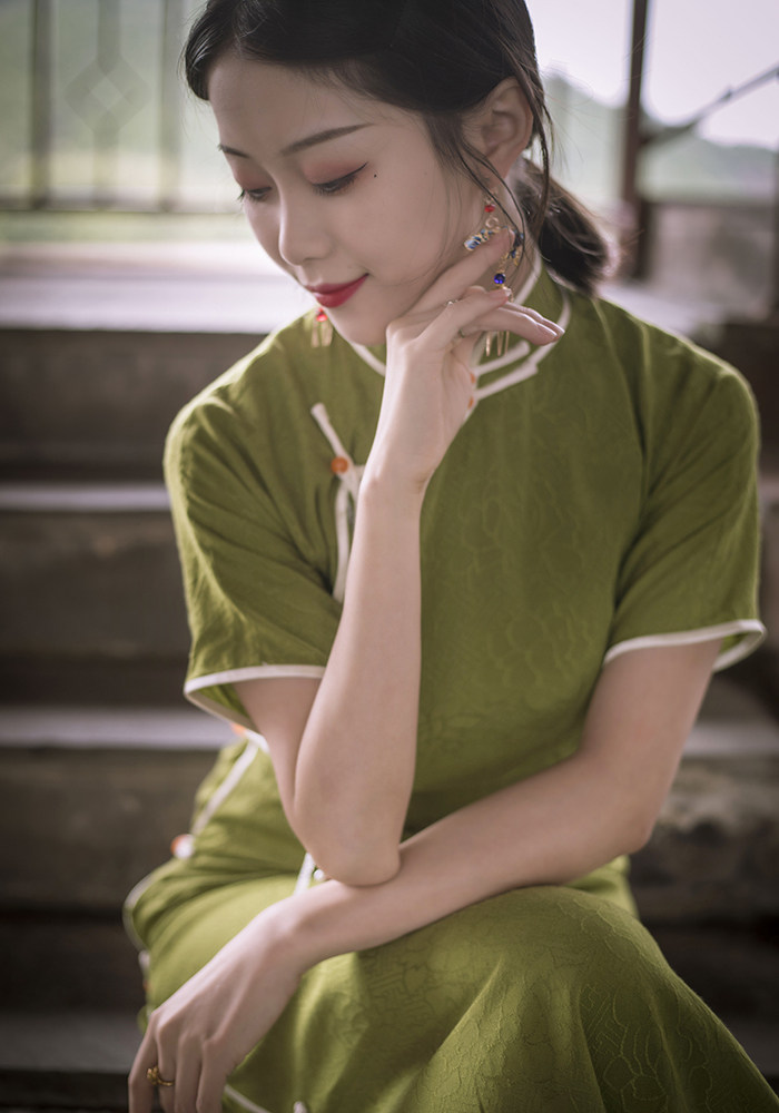 流年/秋香绿/复古民国风手工纯袖长款中国风旗袍定制优雅2020年