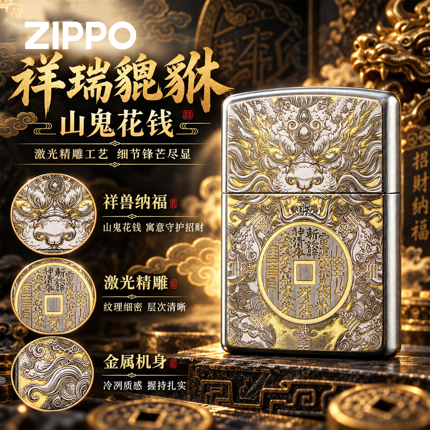 ZIPPO正品银色打火机山鬼花钱精雕国风八卦符文防风煤油收藏送礼