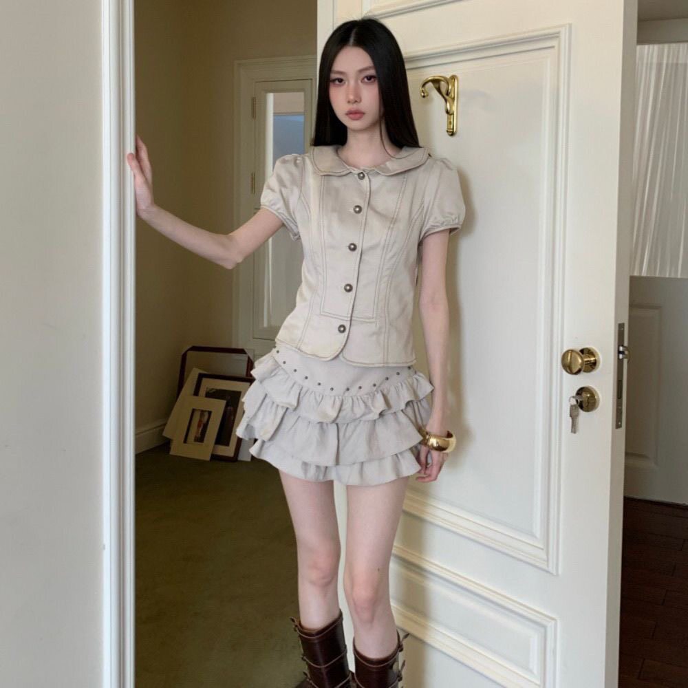 甜酷辣妹夏季穿搭一整初夏独特短裙套装娃娃领外套蓬蓬裙子两件套