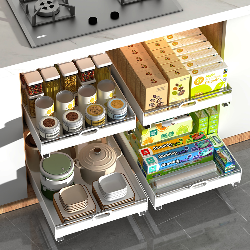 厨房水槽下收纳拉篮双层抽屉式置物架多功能储物架调味50斤承重