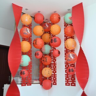 婚房布置套装结婚客厅吊顶红色折纸蝴蝶装饰长条喜字挂饰囍字灯笼