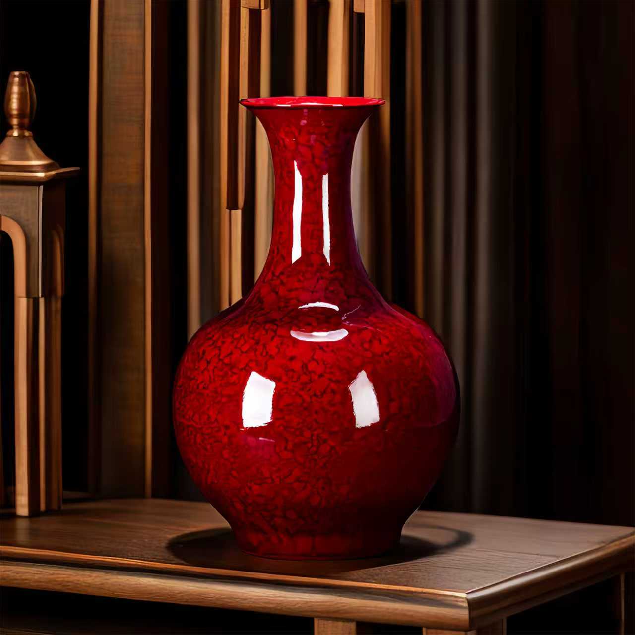 网红景德镇花瓶陶瓷中国红新款复古装饰客厅摆件高档结婚中式瓶