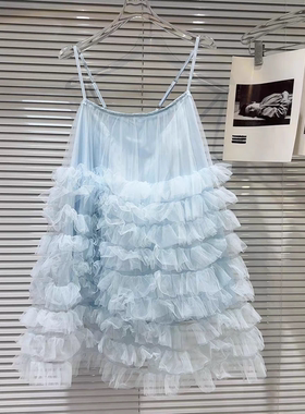 黄色网纱度假海边吊带蓬蓬蛋糕连衣裙女小个子宽松显瘦短裙春夏款