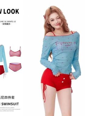 纯欲微胖mm女红蓝显白分体泳衣女四件套长袖罩衫保守显瘦遮肉温泉