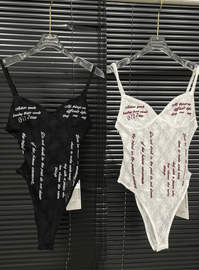 性感美泰式甜辣妹印花字母蕾丝镂空露腰吊带外穿女团连体显瘦上衣