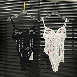 性感美泰式甜辣妹印花字母蕾丝镂空露腰吊带外穿女团连体显瘦上衣