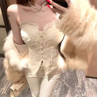 纯欲黑色蕾丝拼接抹胸背心带胸垫