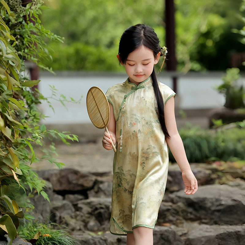 萌乎夏季女童连衣裙新款儿童真丝旗袍裙汉服印花古风裙桑蚕丝唐装 童装/婴儿装/亲子装 唐装 原图主图