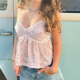 Floral Pink Lace Cami 夏季 Neck 小清新粉色碎花蕾丝V领吊带
