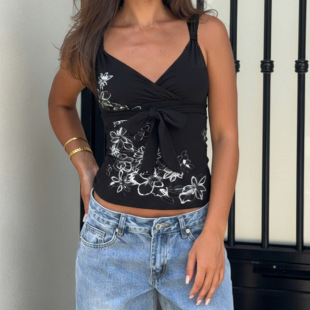 vest新品 Bow black strap 花卉印花蝴蝶结绑带黑色背心上衣女 tie