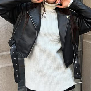 Black Zip Spread Leather Jacket Collar 黑色翻领皮革拉链皮衣