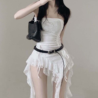 度假风辣妹性感叠穿不规则蕾丝拼