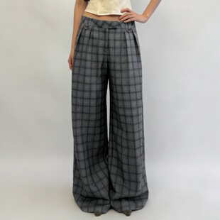 basic 复古宽松慵懒格纹撞色西裤 low trousers美式 waist Elegant