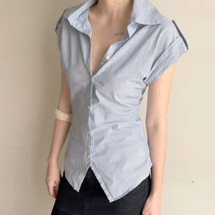 White Blue Stripe Short Shirt 蓝白条纹短袖 Sleeve 衬衫