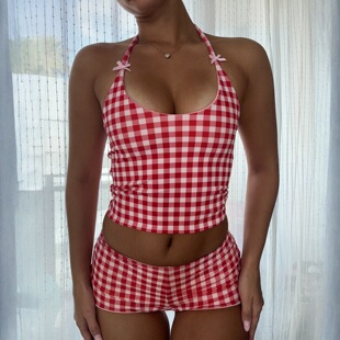 tank strap shorts set美式 Bow 甜心格纹撞色蝴蝶结吊带套装 tie