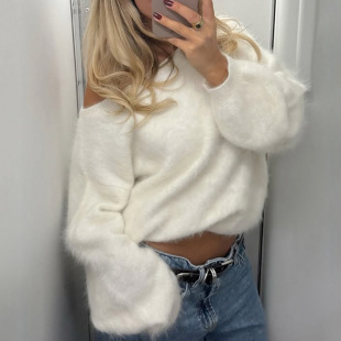 Shoulder 秋冬纯色保暖时尚 Off Loose Sweater 宽松斜领露肩毛衣