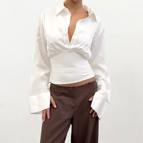 翻领排扣收腰长袖白衬衫 Spread Collar Button Front Shirt