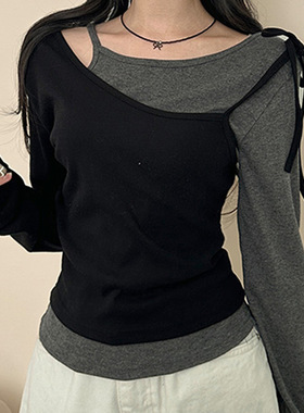 秋季撞色修身休闲长袖T恤 Contrast Patchwork Long Sleeve Tee