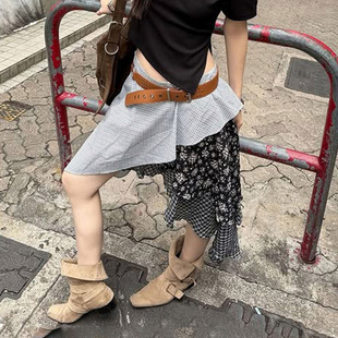 Low Asymmetric Rise Floral Skirt Plaid 低腰格子碎花不规则裙