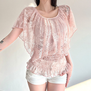 sleeve puff top甜美蕾丝拼接圆领打揽束腰T恤女 cinching Waist