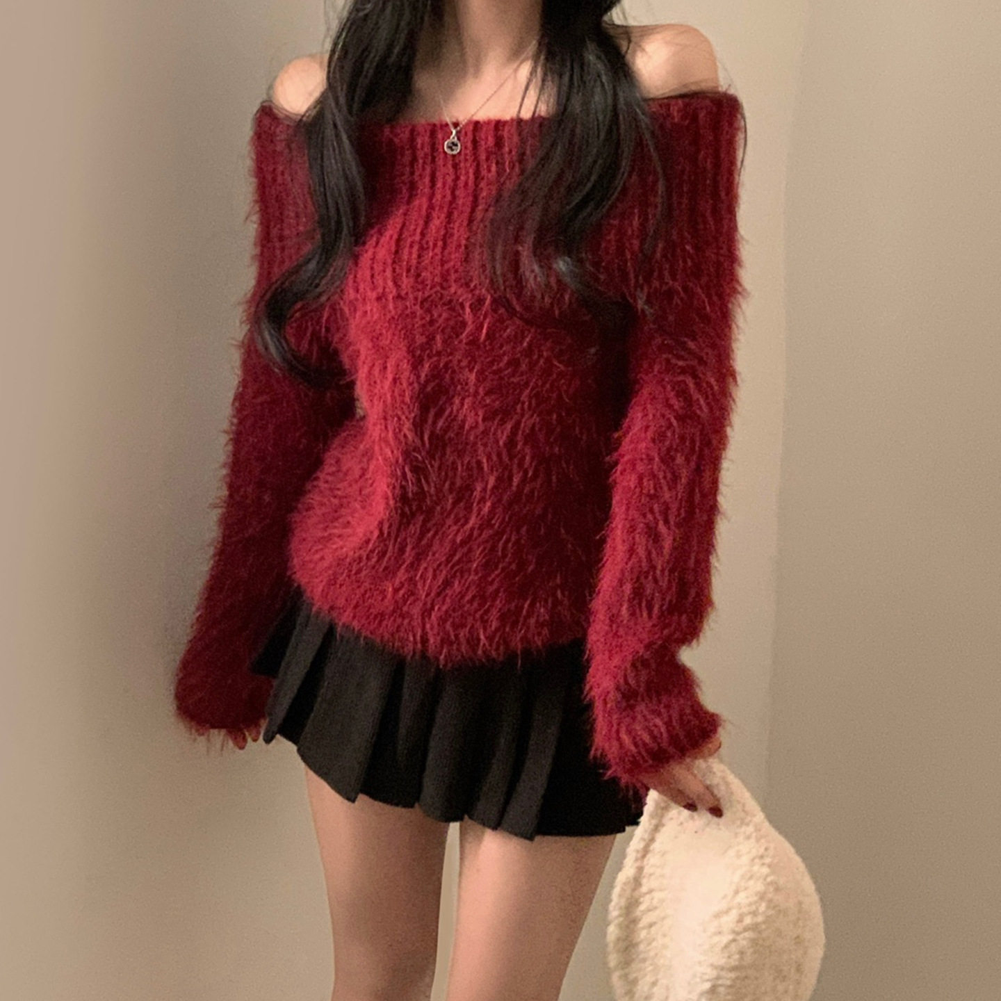 秋冬一字肩简约套头毛衣 Off Shoulder Simple Pullover Sweater